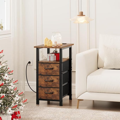 Vagusicc End Table with Charging Station, Narrow Side Table, Narrow Nightstand with 3 Fabric Drawers, Slim Sofa Side Table for Small Spaces, Small Night Stand for Bedroom, Rustic Brown