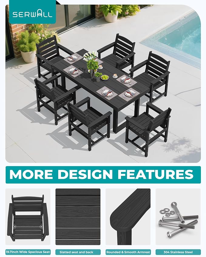 SERWALL HDPE Outdoor Dining Set for 6, 67'' Patio Table and Chairs Set | with Armchair Seat