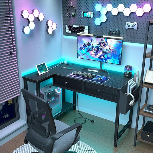 DLisiting Black Corner Desk for Small Space with Drawers, Reversible Gaming L Shaped Computer Desk with Storage Shelves for Boys, Corner Work Study PC Desks for Bedroom