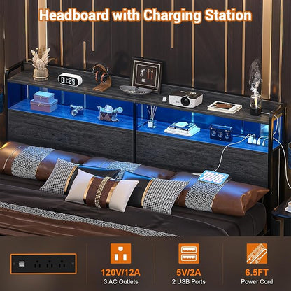Aheaplus Headboard for King Size Bed Frame, Headboards with Outlets, USB Ports and LED Light, Head Board with Storage, Height Adjustable, Sturdy and Stable Headboard, King Size, Black Oak