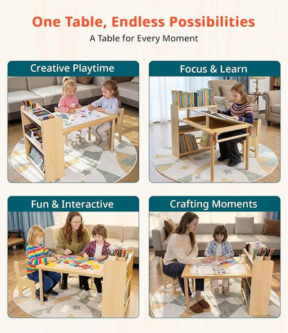 JOIN&JOY Kids Art Table and 2 Chair Set, Multifunctional Craft Table with Storage Shelves, Toddler Activity for Creativity, Drawing, Learning & Playtime