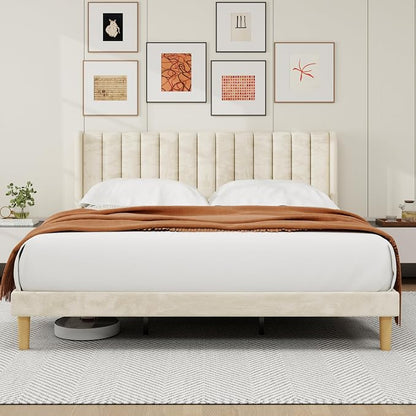 alazyhome Platform Bed Frame King Size with Upholstered Headboard, Solid Wood Slats Support, No Box Spring Needed, Noise Free, Easy Assembly, Modern Velvet Bed, Beige