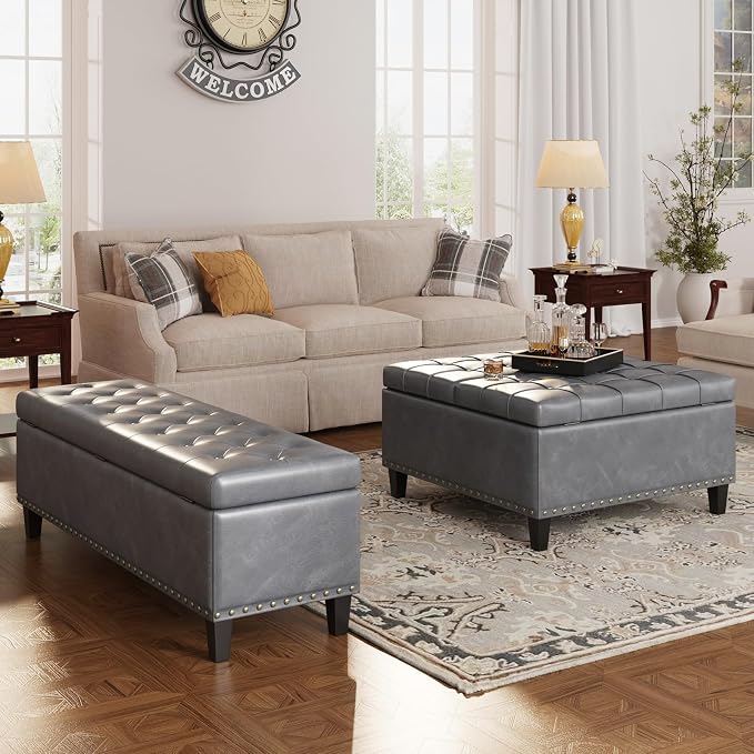FiveWillowise Square Leather Ottoman with Storage, Faux Leather Coffee Table with Lift Top,Large Upholstered Footrest Stool Toy Box Storage Bench for Bedroom Living Room, Grey