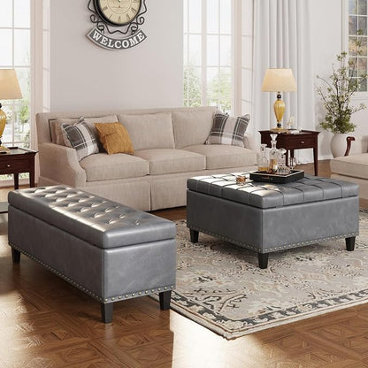FiveWillowise Square Leather Ottoman with Storage, Faux Leather Coffee Table with Lift Top,Large Upholstered Footrest Stool Toy Box Storage Bench for Bedroom Living Room, Grey