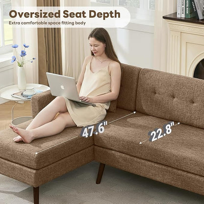 Tbfit L Shaped Couch Sofa, 80" W Mid-Century Modern Sectional Couches, 3 Seater Sofas with Wide Chaise Lounge, Button Tufted Upholstered Sectional Sofa for Living Room, Bedroom, Brown
