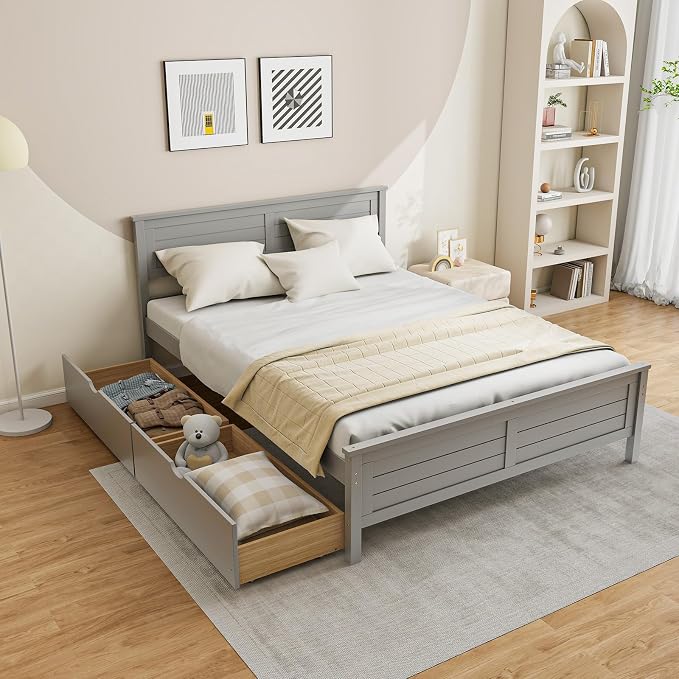 KOMFOTT Full Size Wood Bed Frame with 2 Storage Drawers, Mid Century Platform Bed Frame with Headboard, Sturdy Wooden Slats Support, Modern Mattress Foundation, No Box Spring Required, Easy Assembly