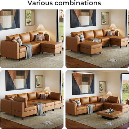 ABCASA 91.5" Faux Leather Luxury Modular Sleeper Sofa Bed with Storage Seat, 6 Seat Sectional Couch Deep Seat with Reversible Chaises & Removable Cover for Living Room - Brown