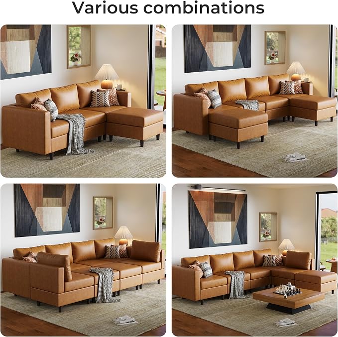 ABCASA Faux Leather Sectional, Modular Sectional Sofa with Storage Seats, 7 Seat Faux Leather Modular L Shaped Couches with Movable Ottoman for Living Room,Brown