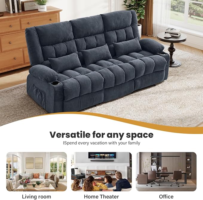 BOSMILLER Reclining Sofa with Cup Holders for Living Room 3 Seat Manual Sofa Recliner with Side Pocket