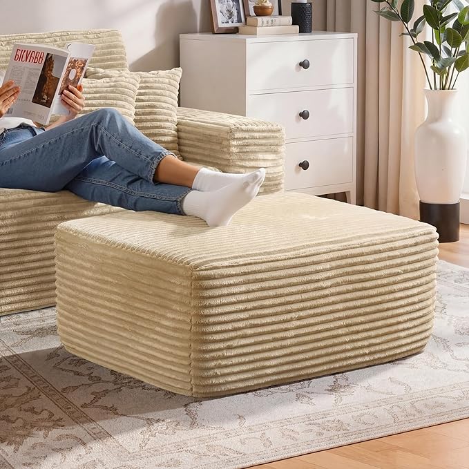 37" Plush Boneless Ottoman, Upholstered Cloud Footrest for Boneless Couch in a Box,Oversize Poufs for Living Room & Bedroom Sofa Ottoman,Comfy Seating with Dense Foam, Beige (Plush Corduroy Fabric)