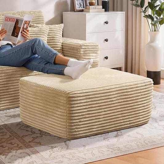 37" Plush Boneless Ottoman, Upholstered Cloud Footrest for Boneless Couch in a Box,Oversize Poufs for Living Room & Bedroom Sofa Ottoman,Comfy Seating with Dense Foam, Beige (Plush Corduroy Fabric)