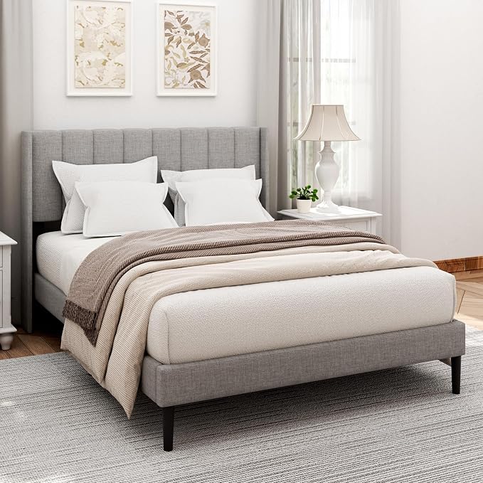 Sismplly Queen Size Bed Frame and Headboard,Vertical Channel Tufted Wingback No Box Spring Needed, Mattress Foundation, Easy Assembly Light Grey, Linen