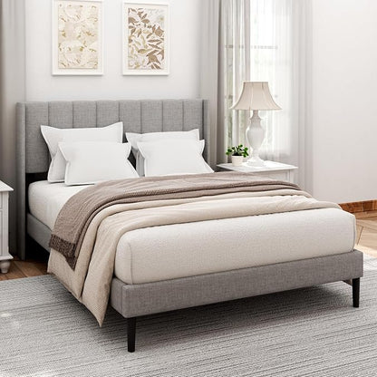 Sismplly Queen Size Bed Frame and Headboard,Vertical Channel Tufted Wingback No Box Spring Needed, Mattress Foundation, Easy Assembly Light Grey, Linen