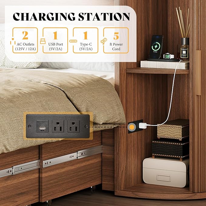 AMERLIFE Full Murphy Bed with Storage Bedside Shelves & Sliding Tambour Door, Modern Cabinet Bed with Charging Station & Curved Fluted Design for Bedroom/Guest/Home Office, Brown