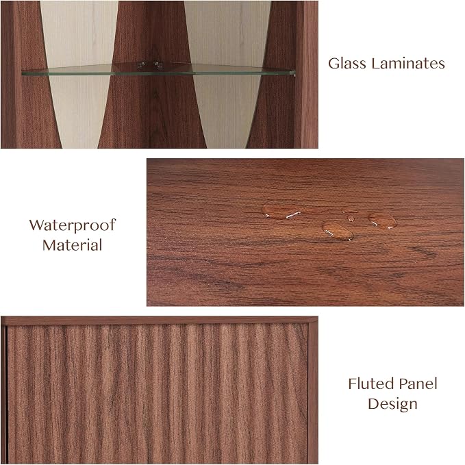 JOINICE Tall Corner Bar Cabinet for Liquor,Mid-Century Modern,Walnut,70" | Fluted Cabinet Door,Glass Shelves,Wine Cabinet for Living Room, Kitchen,Dining Room,Easy Assembly,Fit for Small Apartment