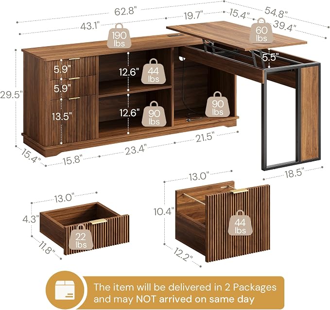 L Shaped Desk with Lift Top & Power Outlets, 63'' x 55'' Executive Computer Desk with 3 Fluted Drawers, Storage Shelves, CPU Stand, Industrial Standing Desk for Office (Schatt Walnut)