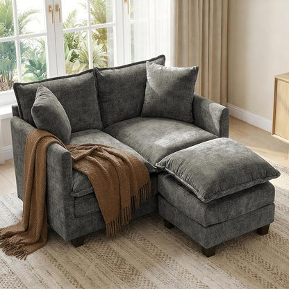 52" Loveseat Sofa, L-Shaped Cloud Couch with Ottoman, Comfy Chenille Love Seat with 2 Pillows, Small Loveseat for Small Spaces, Living Room, Bedroom,Apartment and Office, Grey