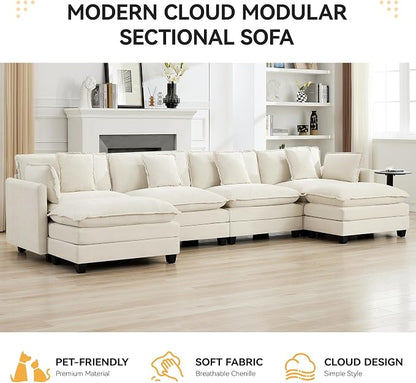 147'' Sectional Cloud Deep Seat Couch, Oversized Chenille U Shaped Sectional Sofa for Living Room Set, Comfy Upholstered Modular Sectional Sofa Couch with 2 Movable Ottoman, Beige