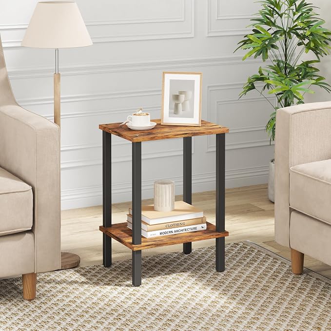 TUTOTAK End Table, Side Table, Nightstand, 2-Tier Storage Shelf, Sofa Side Table for Small Space, Living Room, Bed Room Brown and Black TB01BB034