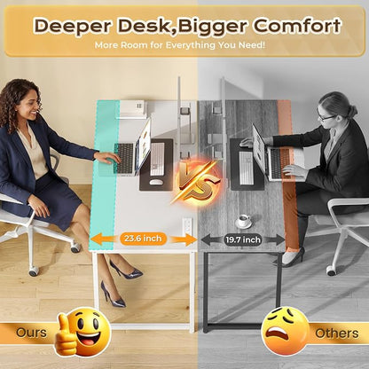 PRAISUN 47 X 24 Inch Deeper Desk with Power Outlets | Computer Desk for Bedroom, Office Desk for Work from Home, Writing Study Gaming Table, Stable Metal Frame, White