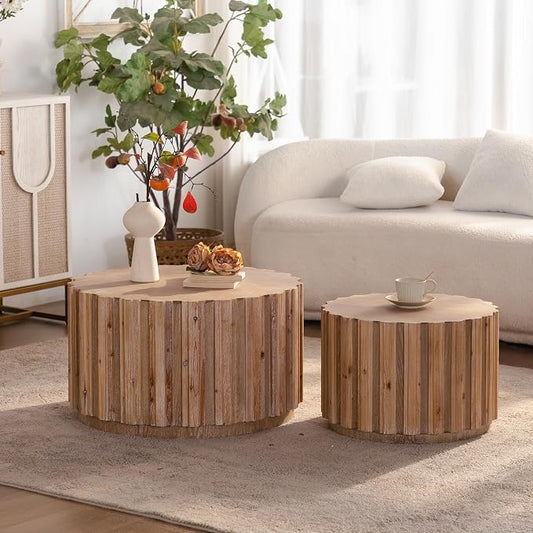 Nesting Round Coffee Table Set of 2, 27.56" Fluted Circle Accent End Table, Morden Drum Side Table, Wooden Center Table for Living Room, Fully Assembled - Natural Wood