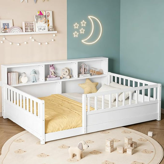 Bellemave Kids Montessori Floor Bed Full Size,Floor Bed Frame with Bookcase and Fence for Kids Boys Girls,White