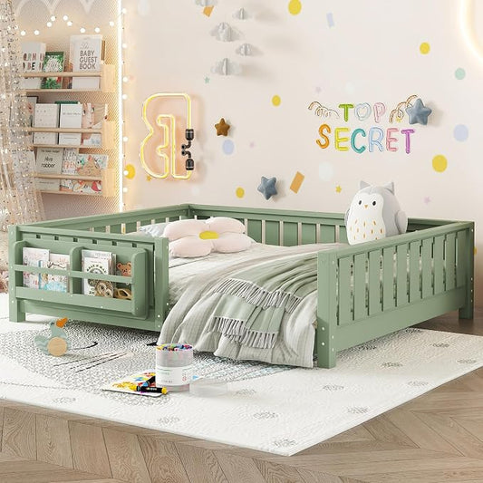Bellemave Full Floor Bed with Slats and Rails, Full Size Montessori Floor Bed with Bookcase and Fence, Easy Assemble Montessori Beds for Girls, Boys, Avocado Green