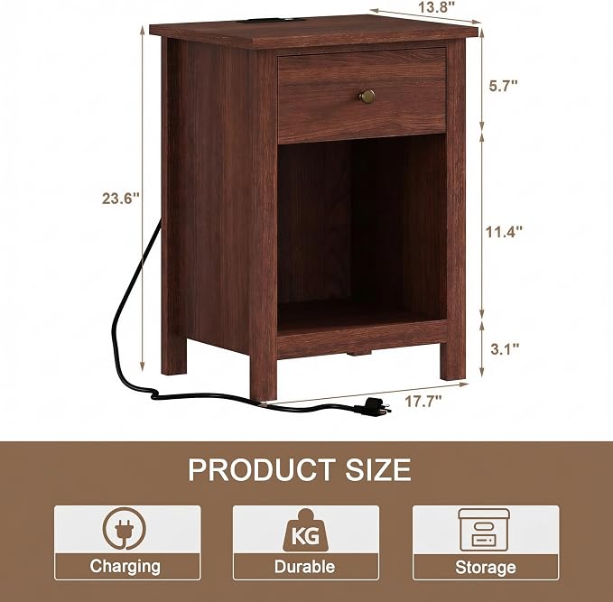 ChooChoo Farmhouse Nightstand Set of 2,Night Stand with Charging Station, Wooden Top Bedside End Table with Drawer and Storage Space for Bedroom, Walnut