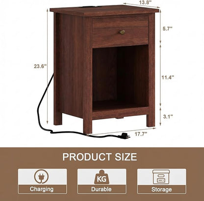 ChooChoo Farmhouse Nightstand Set of 2,Night Stand with Charging Station, Wooden Top Bedside End Table with Drawer and Storage Space for Bedroom, Walnut