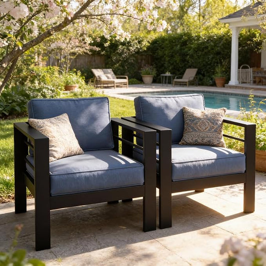 Kiss the Water Outdoor Patio Metal Furniture Chair, 2 PCS All-Weather Aluminum Outdoor Sofa with 5" Thick Soft Cushion and Wide Arm, Deep Seating Patio Couch for Balcony, Porch, Backyard
