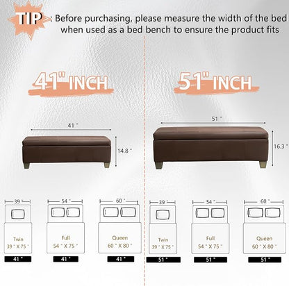 41" Storage Ottoman, Storage Bench with Safety Hinge, Upholstered Synthetic Leather Ottoman Bench for Bedroom, Living Room, Entryway, Hallway, Foot Rest, Support 500lbs, Brown