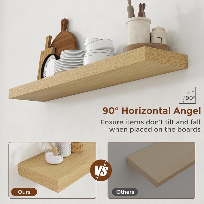 Heimlove 44 Inch Floating Shelves for Wall 8 Inch Deep Oak Shelves Set of 2,Wall Mounted Rustic Wood Long Floating Shelf，Large Display & Storage Shelf with Invisible Brackets