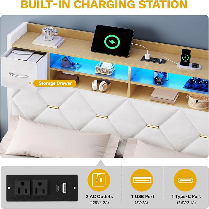 DWVO Full Size Bed Frame with 2 Storage Drawers and Storage Headboard, Upholstered Platform with Charging Station and LED Light, No Box Spring Needed, Noise Free, Easy Assembly, Velvet White