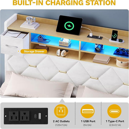 DWVO Full Size Bed Frame with 2 Storage Drawers and Storage Headboard, Upholstered Platform with Charging Station and LED Light, No Box Spring Needed, Noise Free, Easy Assembly, Velvet White