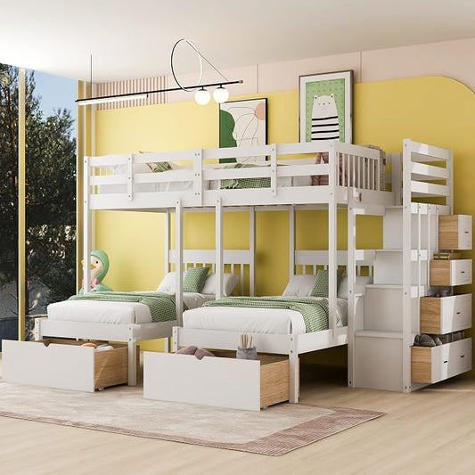 VilroCaz Upgraded Version Full Over Twin & Twin Bunk Bed, Solid Wood Triple Bunk Bed with Storage Drawers and Staircase, Strong Sturdy Bunk Bed Frame with Guardrails for Kids Teens Aldults