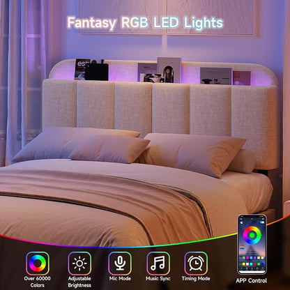 Headboard for Full/Queen Size with LED Light, Upholstered Bed HeadBoard with Storage, Linen Fabric Head Board with Vertical Channel Design, Height Adjustable, Easy to Assemble, Beige