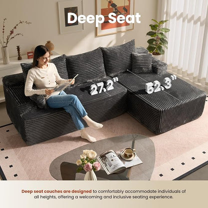 ovios 96" Cloud Sectional Couch with L-Shape Chaise,Modern Modular Sofa with Deep Seat, Upholstered Couches for Living Room Bedroom,No Assembly Required, Grey (Plush Corduroy Fabric)