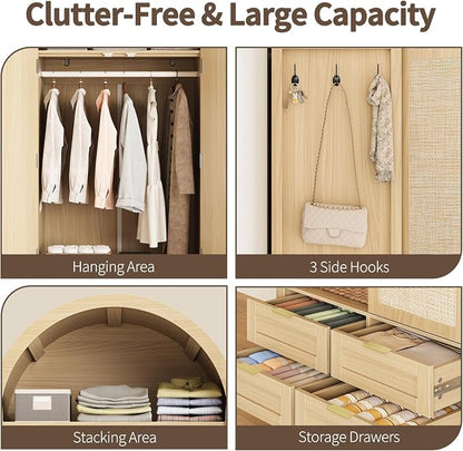 Armoire Wardrobe Closet with 4 Drawers - Wood Bedroom Armoires and Wardrobes with Rattan Doors for Hanging Clothes, Tall Clothing Cabinet Arched Closets for Cloak Room, Large Capacity Storage