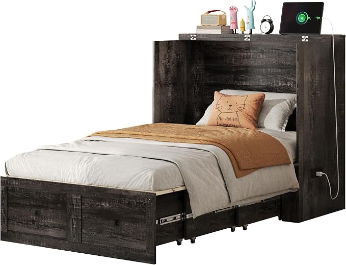 LUXOAK Twin Murphy Bed with Built-in Charging Station and Storage Drawer, Farmhouse Foldable Cabinet Bed for Guest Room, Apartment or Home Office, Black Oak