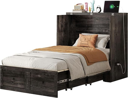 LUXOAK Twin Murphy Bed with Built-in Charging Station and Storage Drawer, Farmhouse Foldable Cabinet Bed for Guest Room, Apartment or Home Office, Black Oak