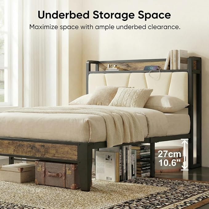 LIKIMIO Twin Bed Frames with Storage Headboard & Charging Station | Upholstered Headboard, Storage Shelf, Solid and Stable, Noise Free, No Box Spring Needed, Easy Assembly (Walnut and Beige)
