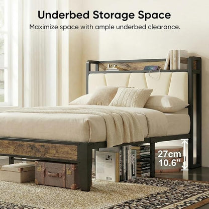 LIKIMIO Twin Bed Frames with Storage Headboard & Charging Station | Upholstered Headboard, Storage Shelf, Solid and Stable, Noise Free, No Box Spring Needed, Easy Assembly (Walnut and Beige)