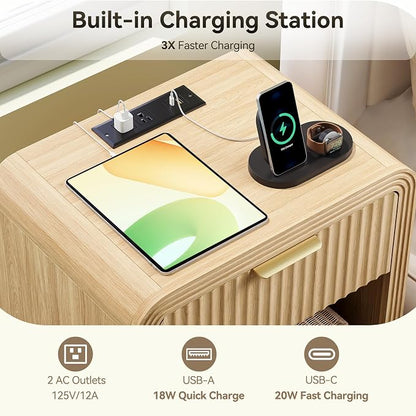 Decofy Fluted Nightstand with Charging Station, Modern Bedroom Side Table with Gold Handles, Curved Profile Design, End Table Wood Organizer for Bedroom, Open Shelf & 1 Drawers (2 Pack, Natural Oak)