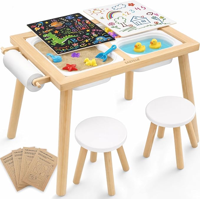 Easyego Toddler Sensory Table & Chair Set – Educational Kids Table for Sand and Water Play with Foldable Storage Bins, Ideal Gift for Children - Wood Color