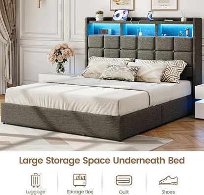 Driftalia Lift Up Queen Bed Frame with Storage, Upholstered Bed Frame Queen Size with LED Lights Headboard and Charging Station, No Box Spring Needed, Easy Assembly - Dark Grey