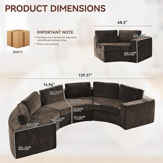 WUTUTUEE 139'' Curved Round Boneless Couch, Oversized Cloud Sofa with Deep Seat & Arms, Chenille Modular Sectional Sofa with Pillows, Upholstered Comfy 6 Seat Couch for Living Room, Brown