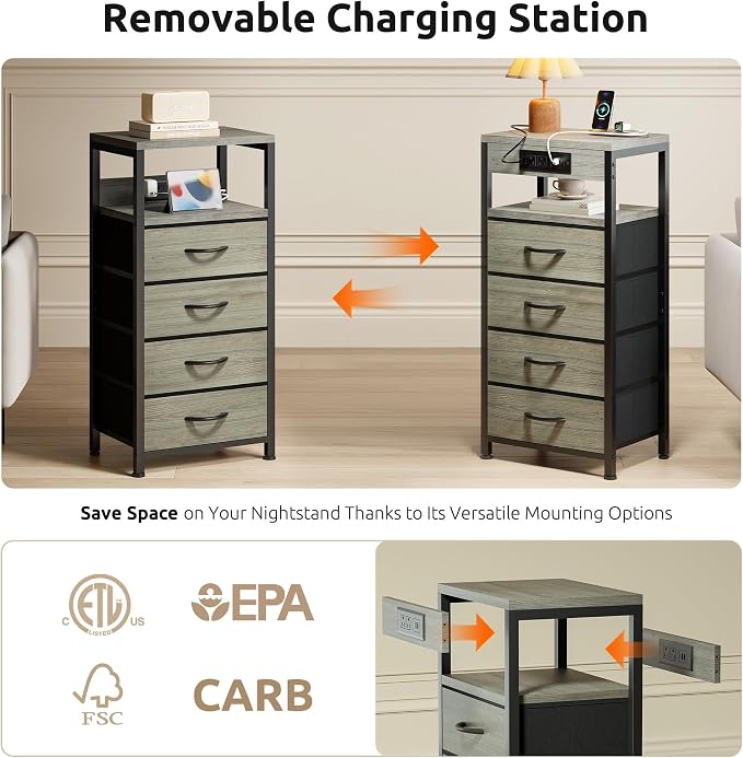 Lazzanto NightStand Bedside Charging Table Bedroom - Night Stand with Charger Station, Modern Nightstand with Open Shelf & 4 Fabric Drawers, End Table with USB-C USB Ports & AC Outlets for Dorm, Grey