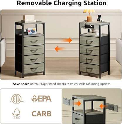 Lazzanto NightStand Bedside Charging Table Bedroom - Night Stand with Charger Station, Modern Nightstand with Open Shelf & 4 Fabric Drawers, End Table with USB-C USB Ports & AC Outlets for Dorm, Grey