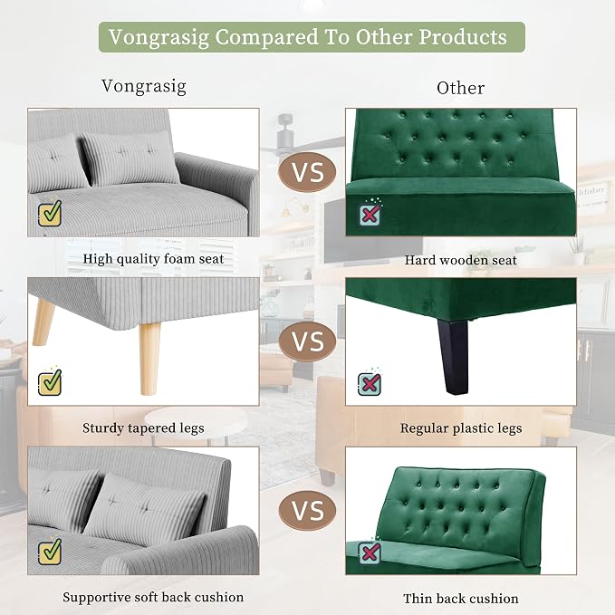 Vongrasig 48" Small Modern Loveseat Sofa, Mid Century Soft Corduroy Fabric 2-Seat Sofa Couch Tufted Love Seat with Back Cushions and Tapered Legs for Living Room, Bedroom and Small Space (Light Gray)