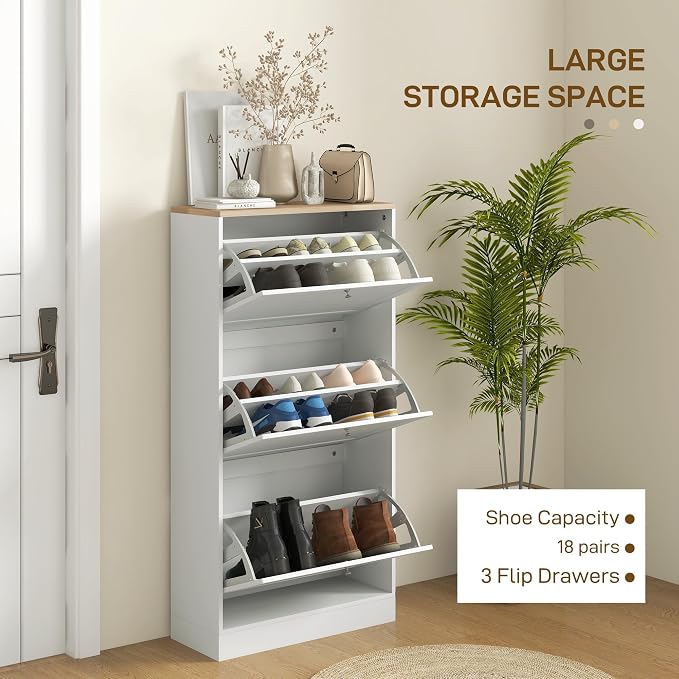HOMCOM Shoe Storage Cabinet with 3 Flip Drawers, Wooden Freestanding Shoe Organizer with Adjustable Shelves for Entryway, Hallway, White